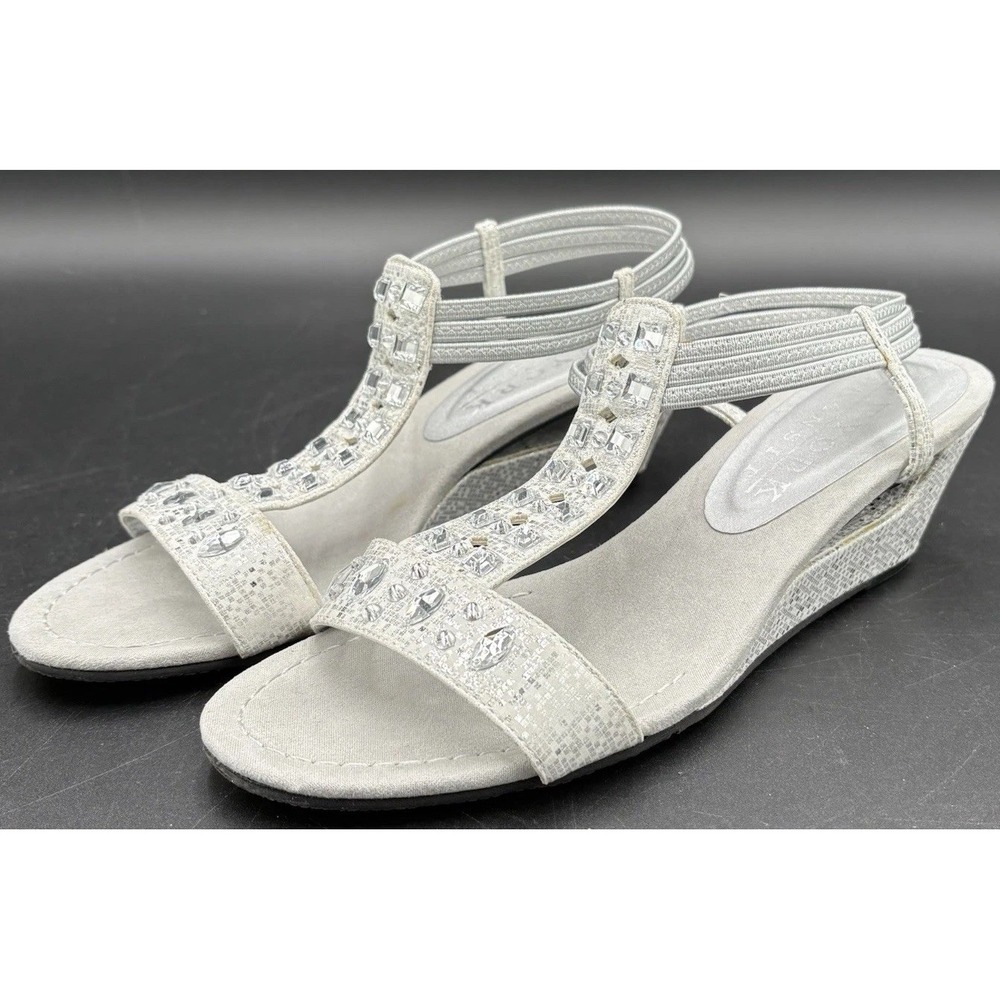 New York Transit Shoes Sandals Wedge Heel Silver Rhinestones Womens Size 9.5M